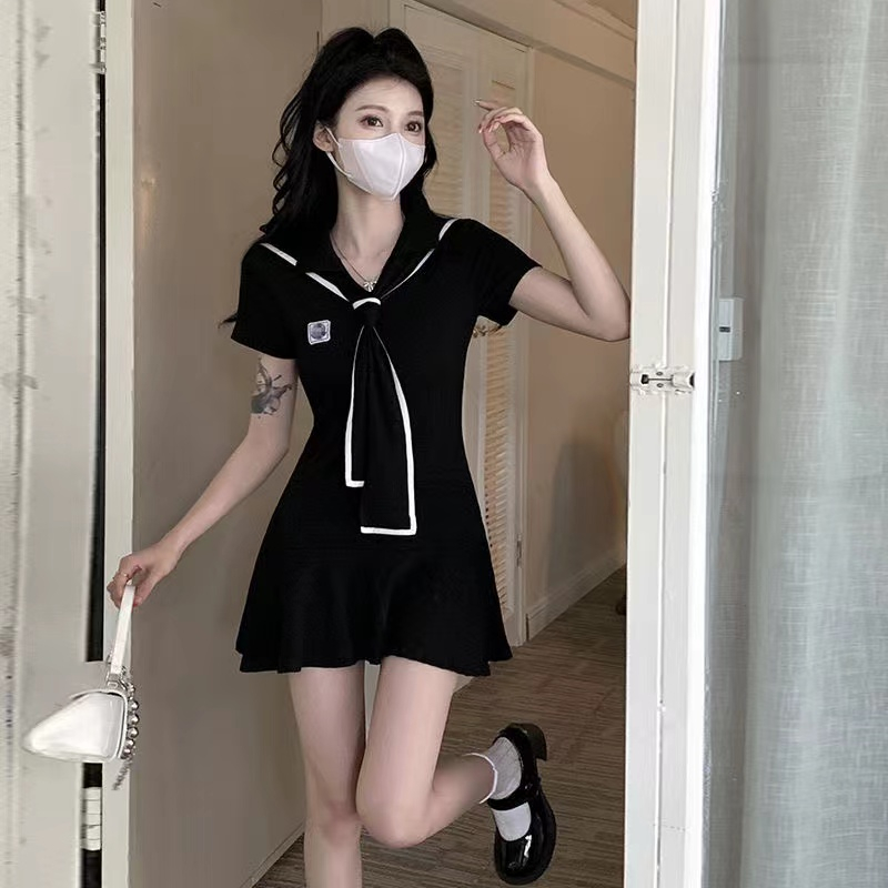 學院風海軍領披肩領帶連衣裙女純欲甜辣妹荷葉邊少女裙子
