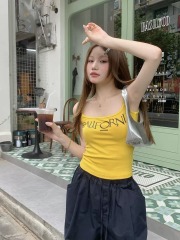 帶胸墊 夏季新款T恤女設計感小眾純色修身百搭打底黃色背心外穿潮