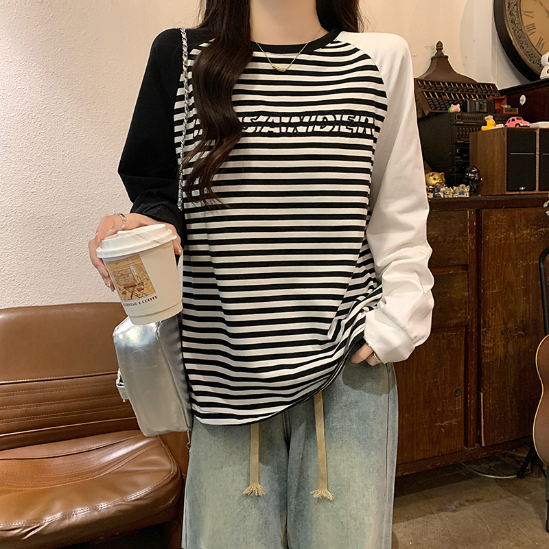 實拍 純棉條紋打底衫女薄插肩袖圓領長袖t恤上衣大碼女裝