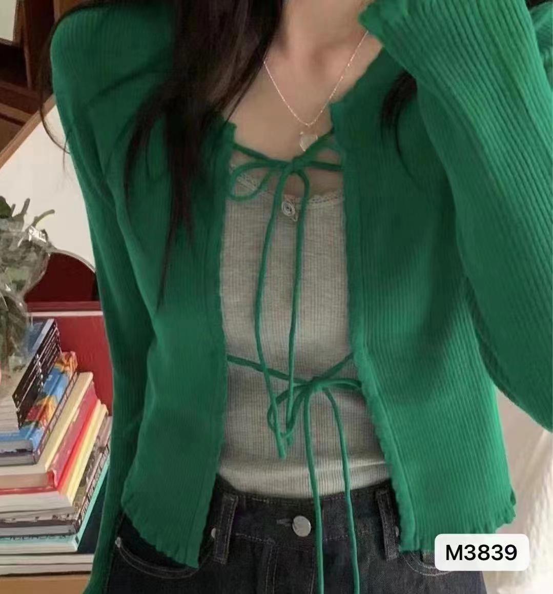 新款韓版青春減齡圓領系帶木耳邊長袖開衫上衣女
