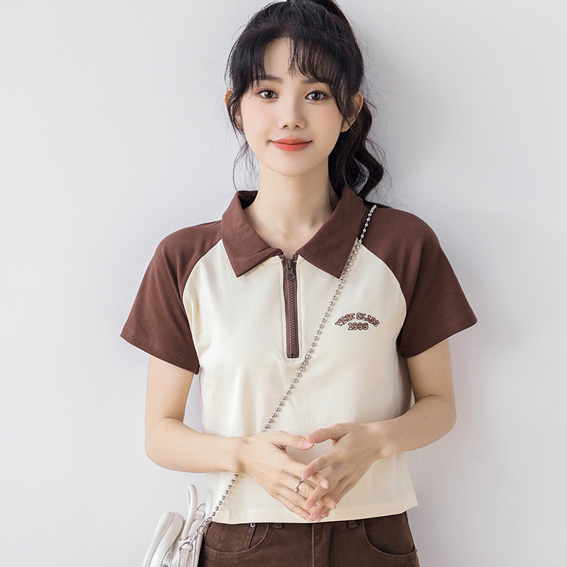 實拍1*1螺紋短袖t恤女夏2024韓版刺繡插肩袖短款翻領上衣大碼女裝