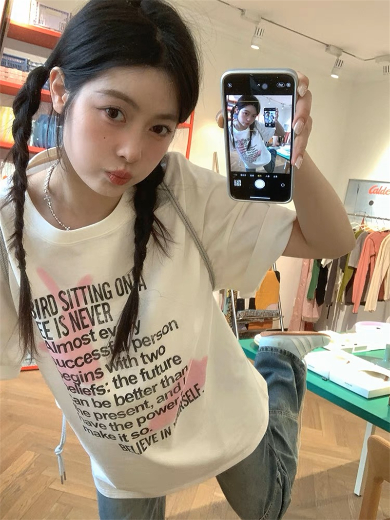 220克精梳緊密賽洛甜美風卡通軟萌粉兔白色短袖T恤