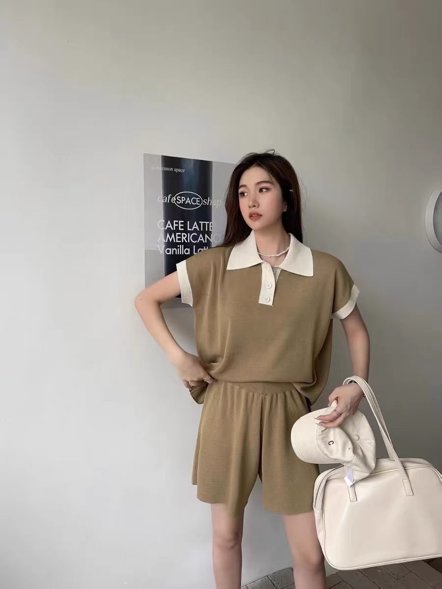 2024新韓國女裝夏款冰絲涼爽套裝寬鬆休閒短袖短褲兩件套針織薄款