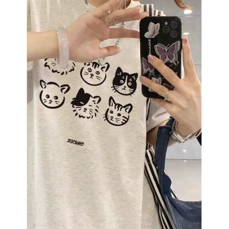 純棉灰色正肩短袖t恤女2024新款夏季設計感小眾美式寬鬆半袖上衣