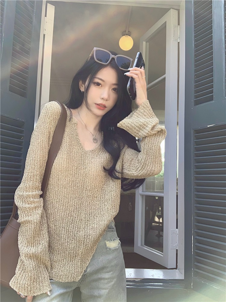 薄款小眾V領開衫女打底衫春季修身寬鬆黑色內搭針織衫設計感上衣