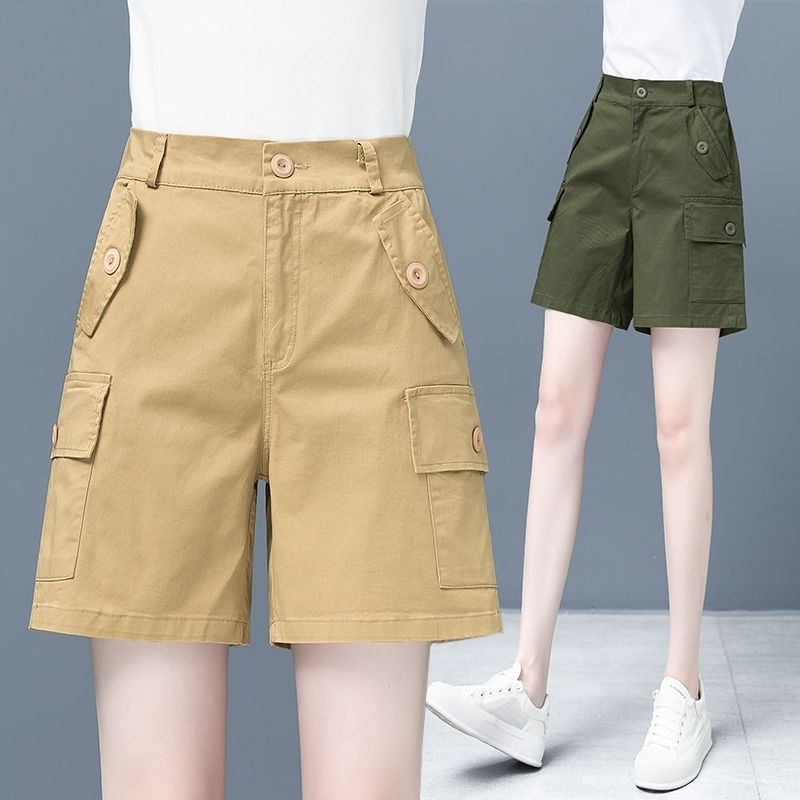 短褲女卡其色夏天五分綠色工裝風直筒夏季A字寬鬆闊腿休閒多袋褲
