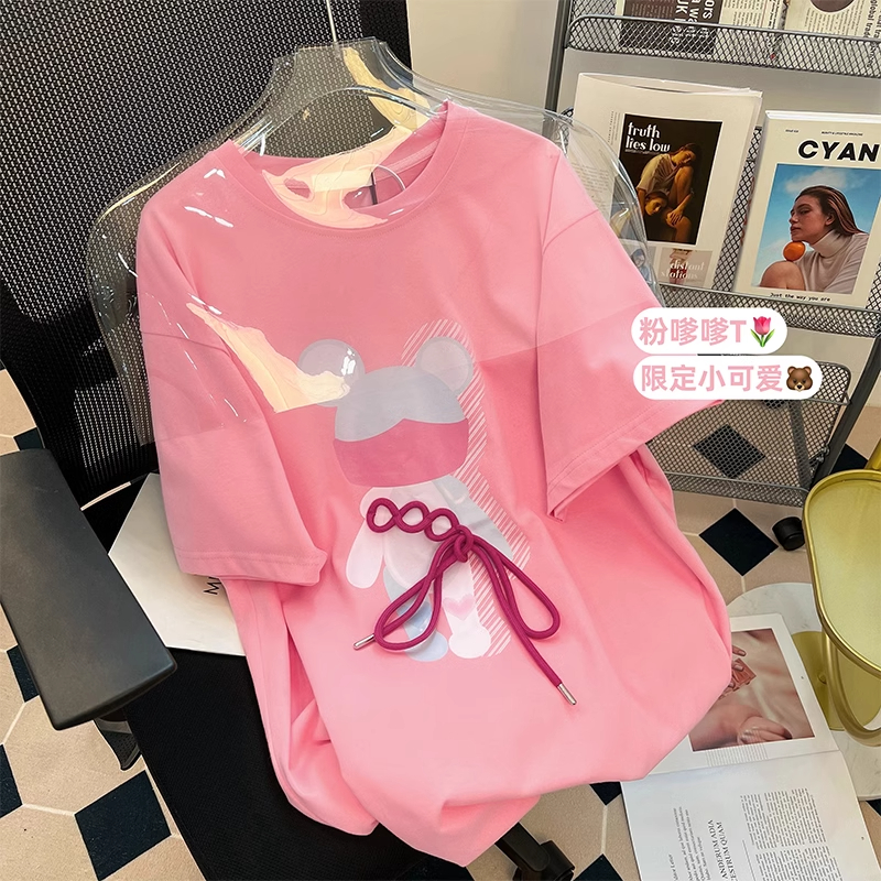 首發6535棉小眾設計感小熊綁帶短袖T恤女2024夏季新