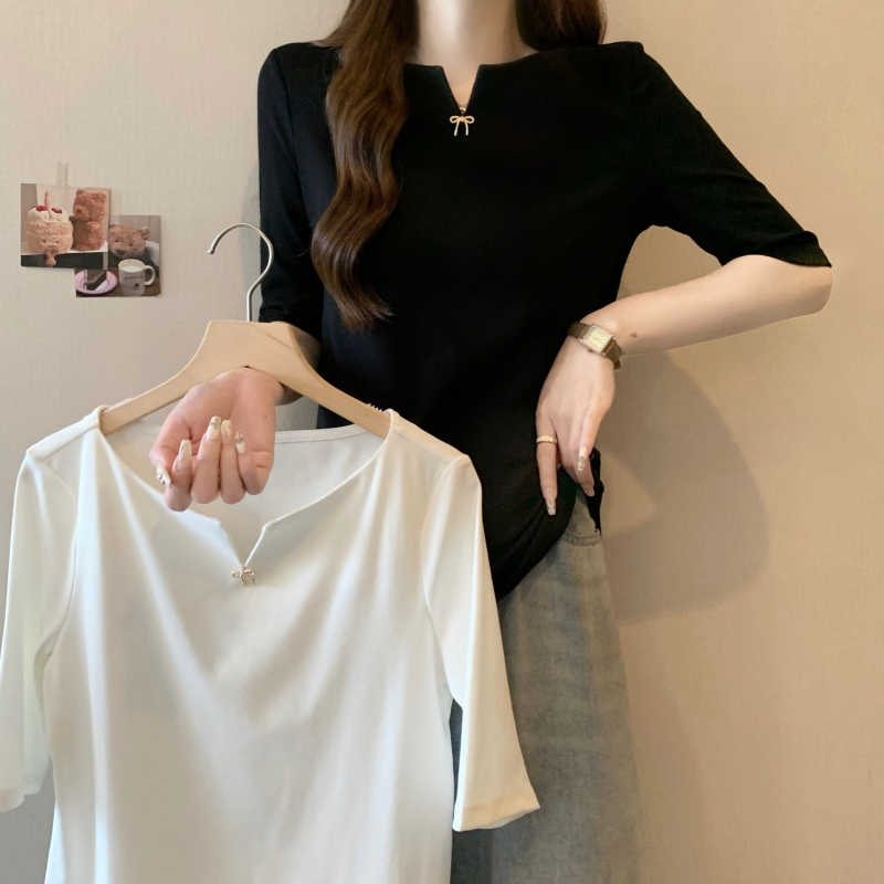 實拍  40支純棉 2024夏裝中袖T恤女鎖骨別致上衣ins潮