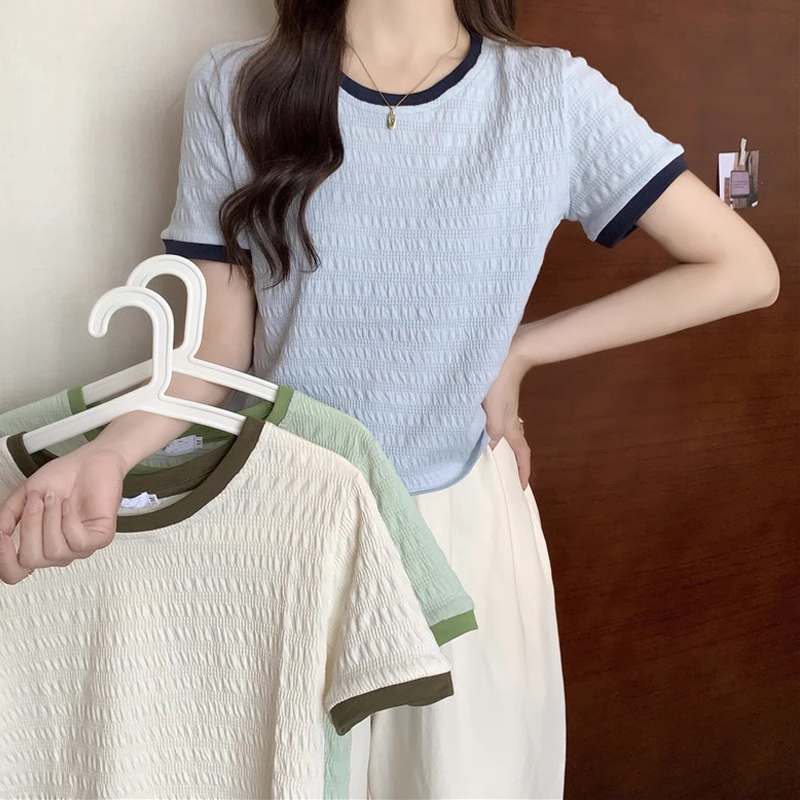 首發實拍網紅撞色正肩短袖T恤女