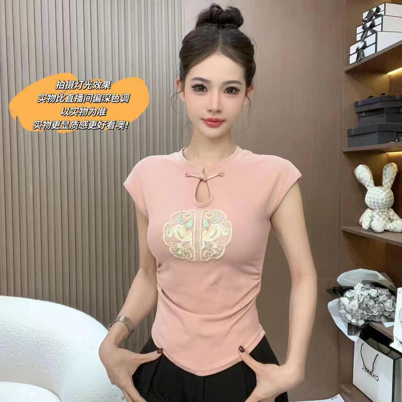 新中式國風盤扣短袖T恤女2024夏季高端刺繡設計感顯瘦修身短上衣