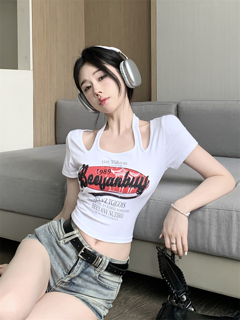 純棉 2024新款掛脖T恤女設計感小眾短袖辣妹短款修身百搭上衣夏裝