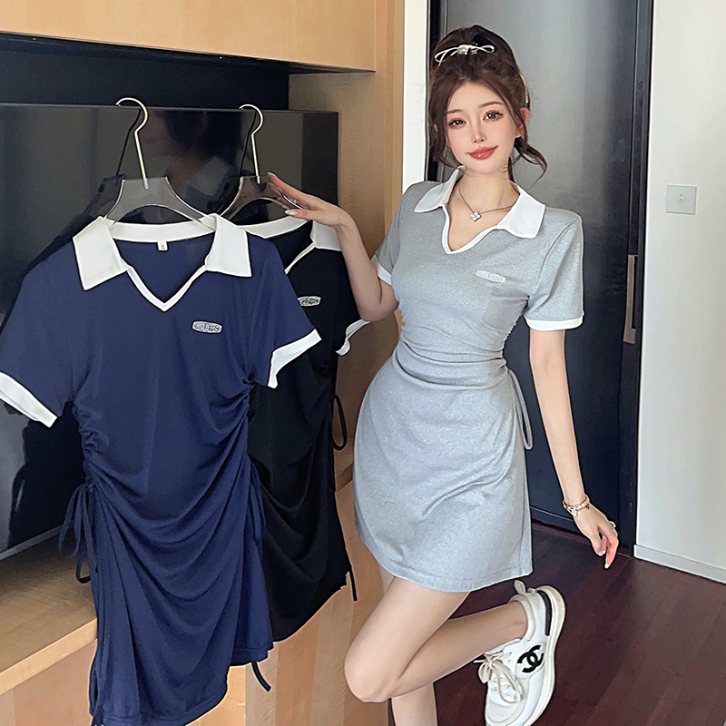 實拍法式學院風polo領包臀連衣裙褶皺夏季新款女裝百搭顯瘦短裙