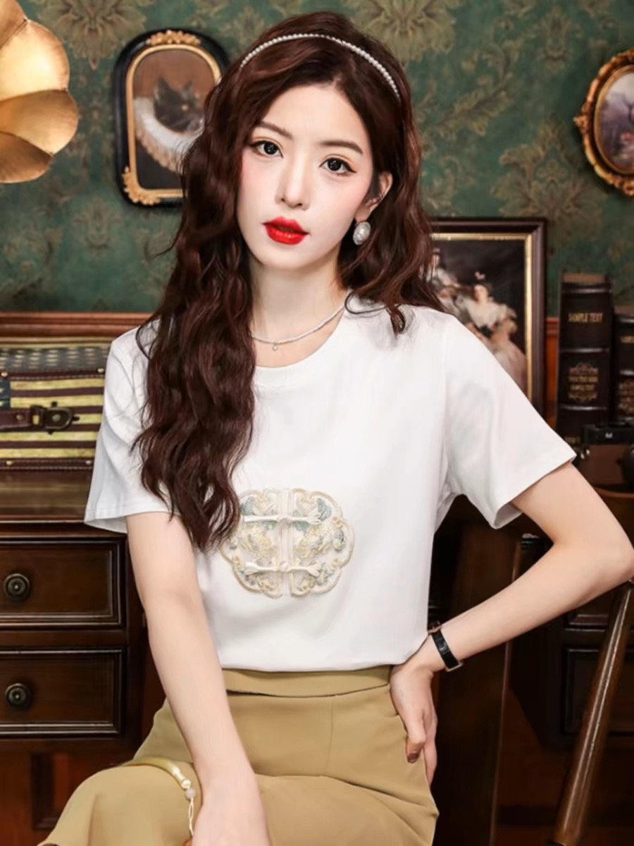 粉色新中式圓領輕國風刺繡短袖t恤女裝2024新款寬鬆薄款上衣小衫