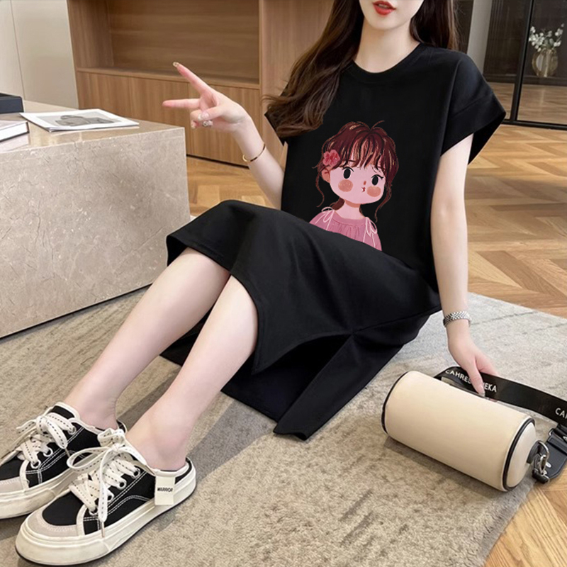 首發純棉質量長款過膝短袖T恤裙女夏季寬鬆大碼裙子