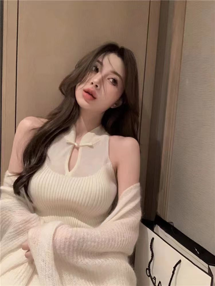 白月光慵懶風披肩開衫女秋設計感魚尾旗袍針織連衣裙