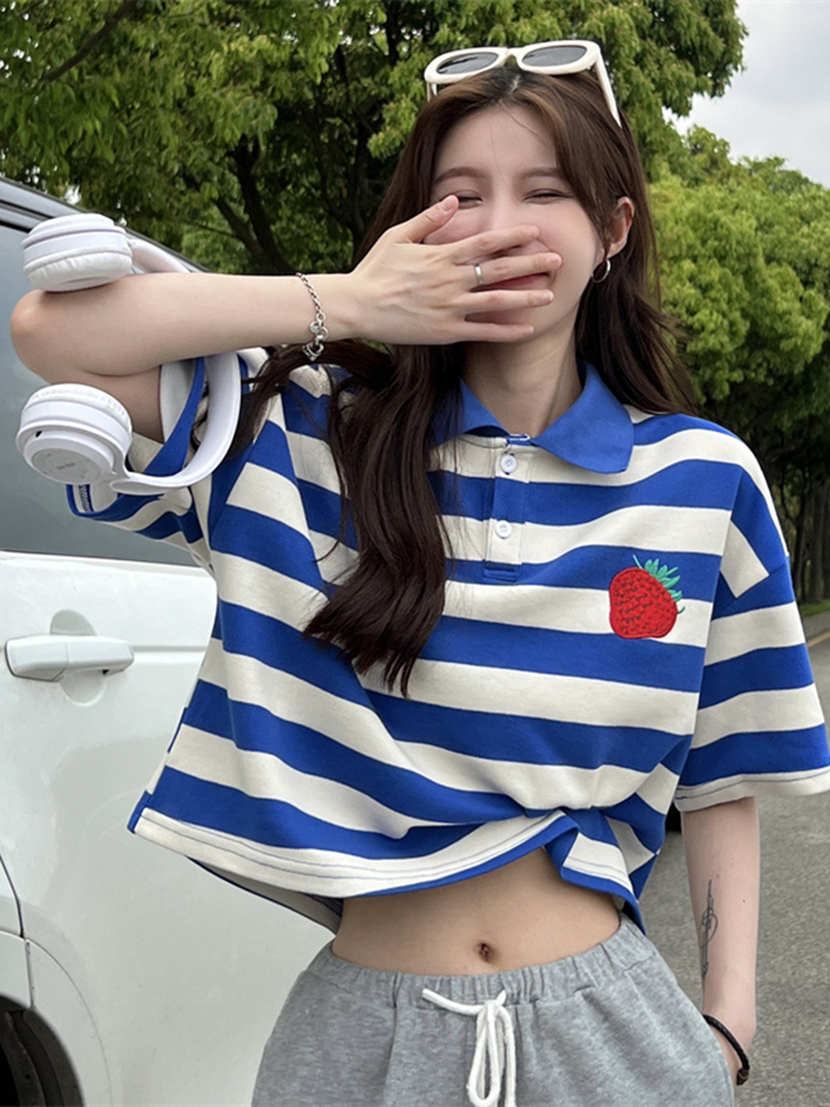 冰絲刺繡草莓polo領短袖T恤短款辣妹風設計感條紋上衣女