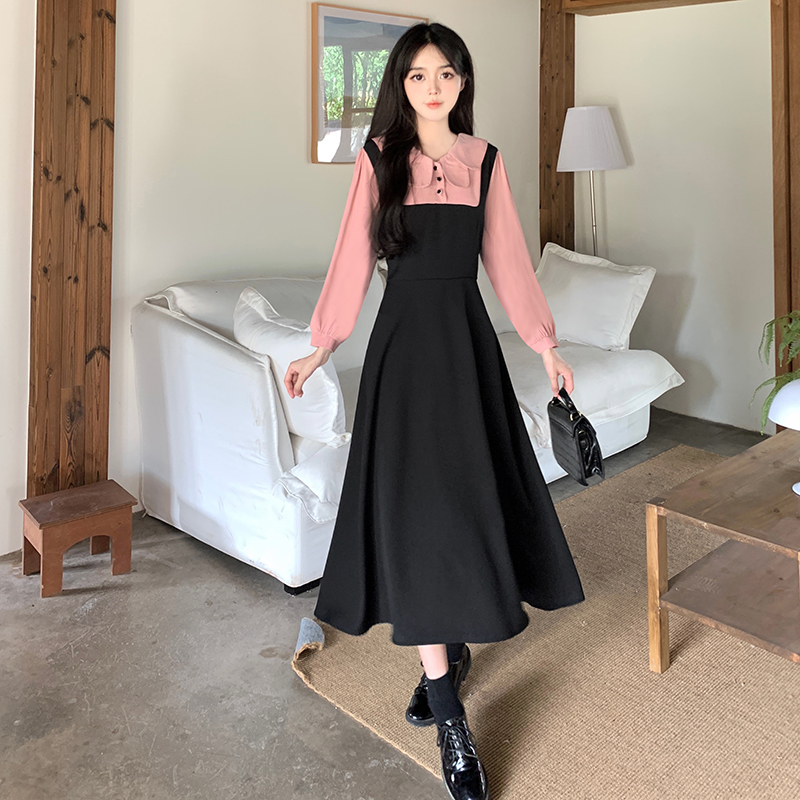 春季 法式春秋設計感假兩件娃娃領連衣裙女收腰顯瘦長裙
