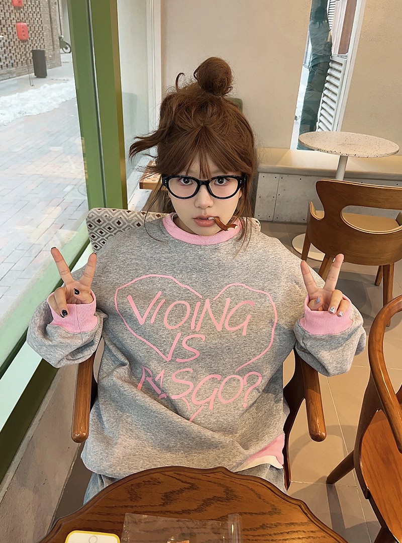 美式復古潮牌撞色圓領加絨加厚衛衣女春秋寬鬆oversize百搭上衣潮