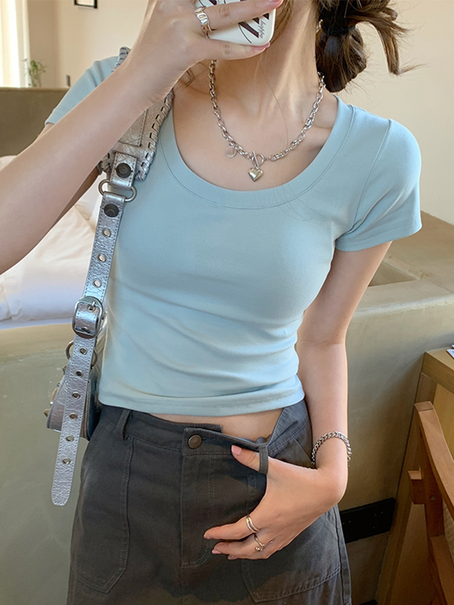 正肩短袖t恤女夏季年新款u領設計感小眾甜辣修身藍色短款上衣