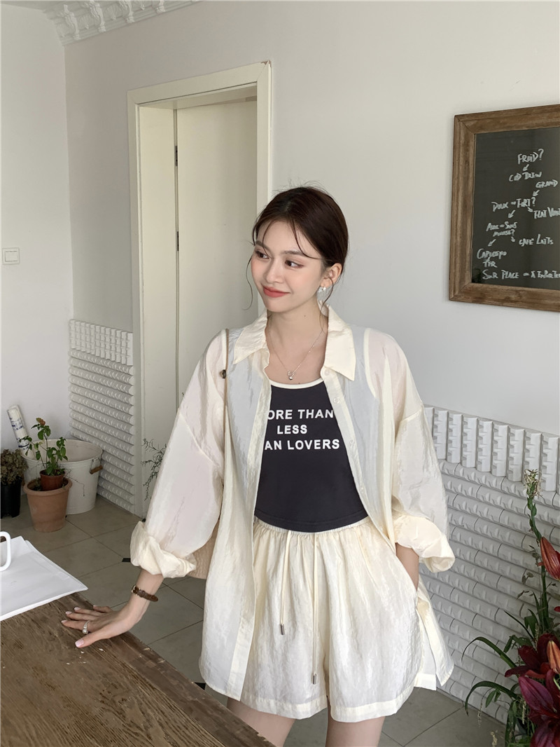 實拍韓系ins簡約撞色背心+防曬襯衫+短褲
