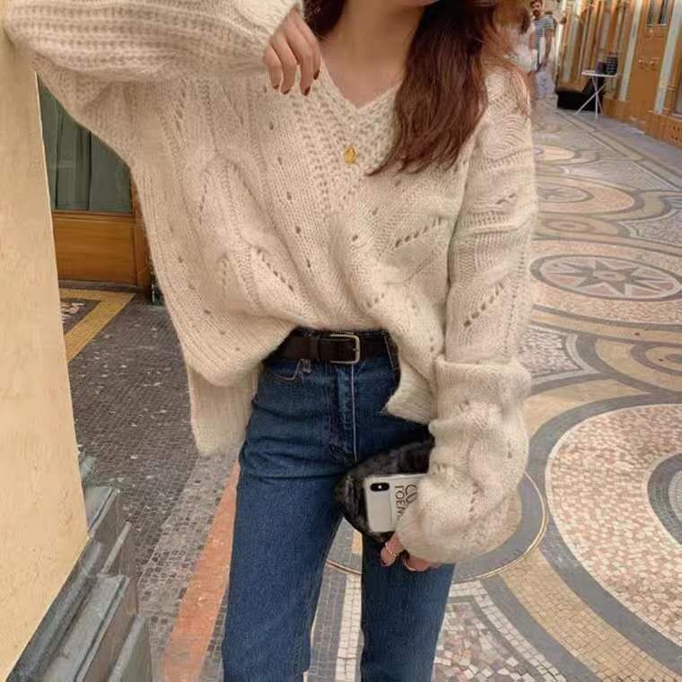 麻花v領毛衣女寬鬆外穿2024秋冬新款韓版時尚百搭套頭針織衫上衣