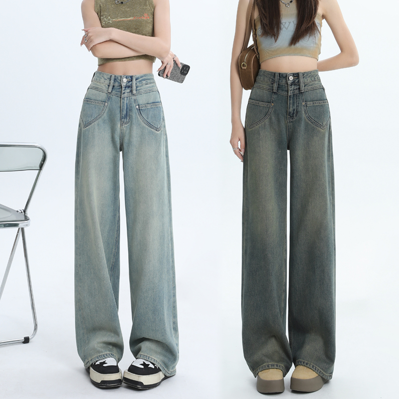 闊腿牛仔褲女春季超柔紗寬鬆高腰垂感懷舊蘭拖地褲顯瘦直筒長褲子