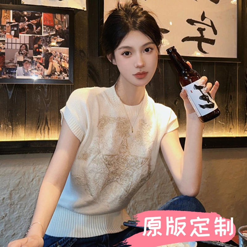 韓式休閒風氣質半高領針織短袖女2024年新款小眾修身顯瘦印花上衣