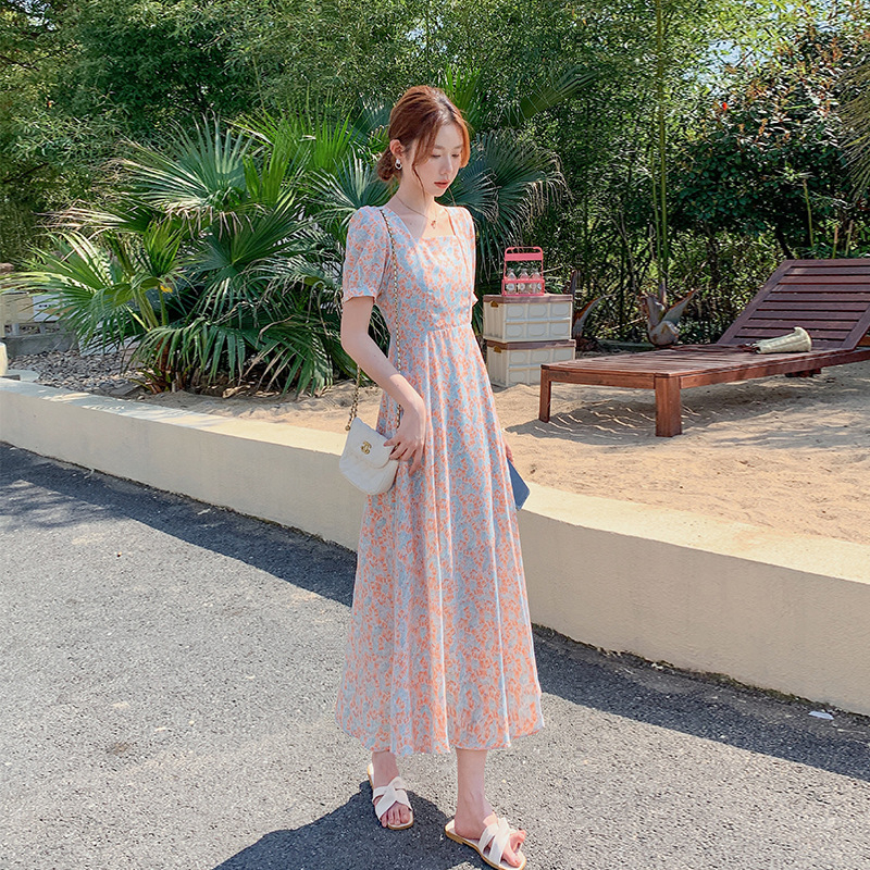 Small fresh square neck floral dress for women 2024 new summer Korean style small waist slimming chiffon skirt
