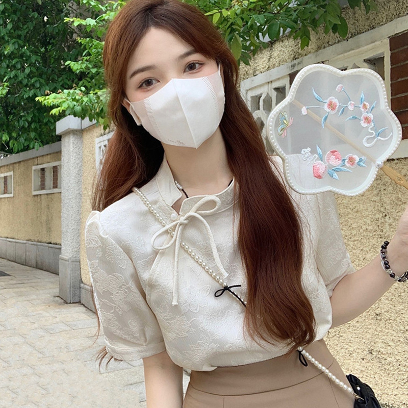 復古國風立領泡泡袖襯衫女新款夏中式改良旗袍短袖上衣