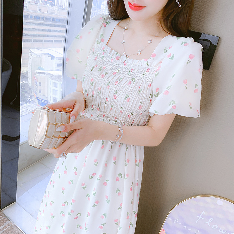 夏季2024年新款雪紡碎花連衣裙子女裝小個子英倫風短袖法式茶歇顯