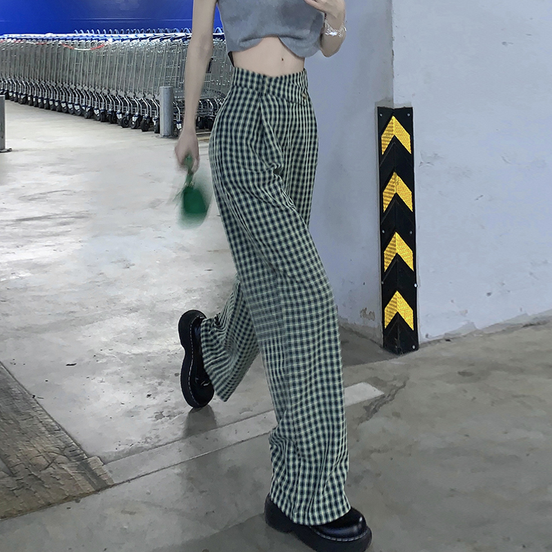 Plaid wide-leg pants for women, niche summer thin loose straight pants, high-waisted, floor-length casual pants