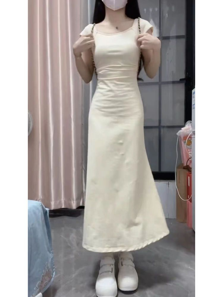 質量連衣裙加長版方領長裙正肩氣質長裙女夏季掐腰連衣裙