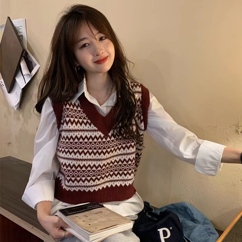復古減齡v領針織馬甲女外穿上衣春秋冬內搭疊穿無袖小個子坎肩