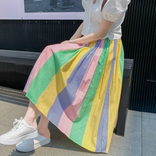 Niche design simple spring and summer new A-line skirt striped colorful mid-length skirt with sweet contrasting colors