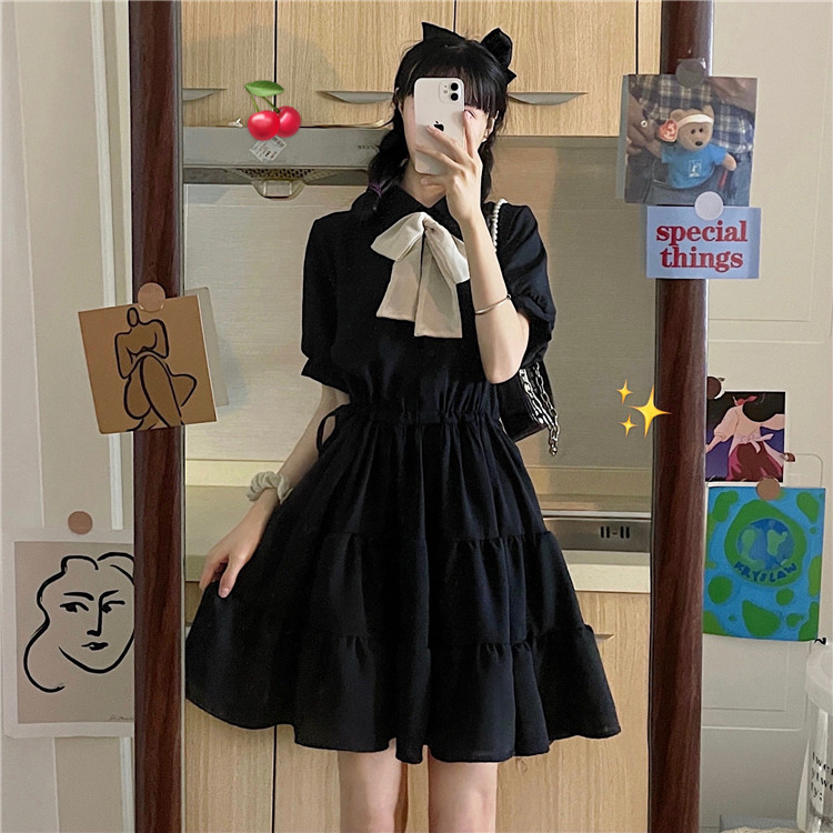 法式復古酷甜風少女蛋糕裙甜美連衣裙女夏韓版小黑裙收腰顯瘦裙子