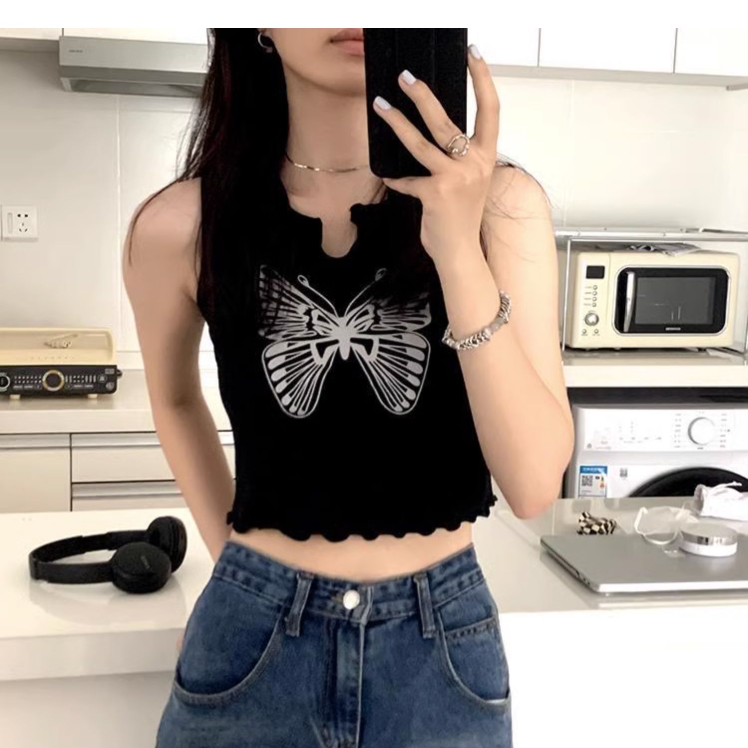 夏季新款T恤女設計感小眾蝴蝶印花吊帶背心女露臍短款ins上衣潮