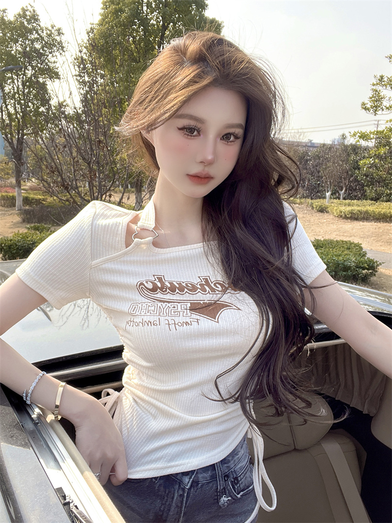 蛇骨紋 純欲辣妹短款掛脖上衣女不規則抽繩收腰短袖t恤夏