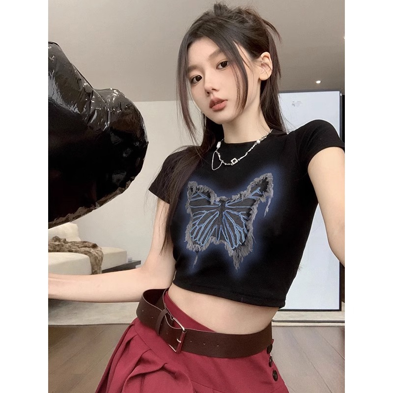 蝴蝶印花正肩純棉短袖T恤女夏季辣妹顯瘦露臍短款上衣