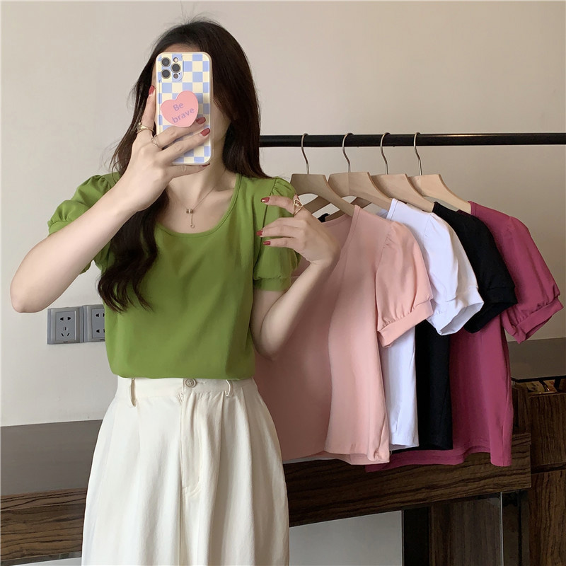 Real shot of summer pure cotton ribbed new niche Korean candy color round neck casual versatile short-sleeved top for women