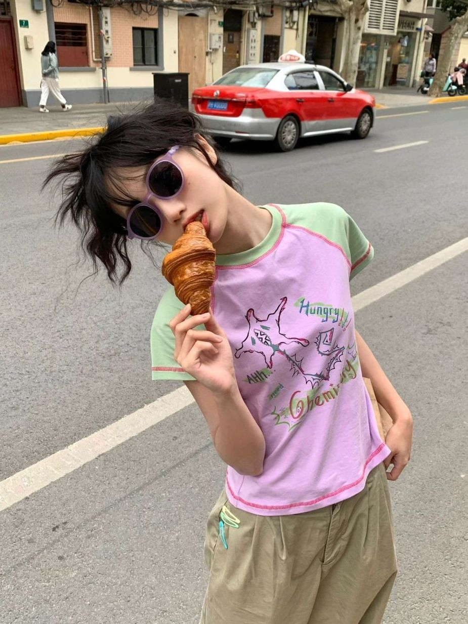 原版打網工藝美式辣妹短袖T恤女夏季撞色顯瘦短款t恤甜辣風上衣