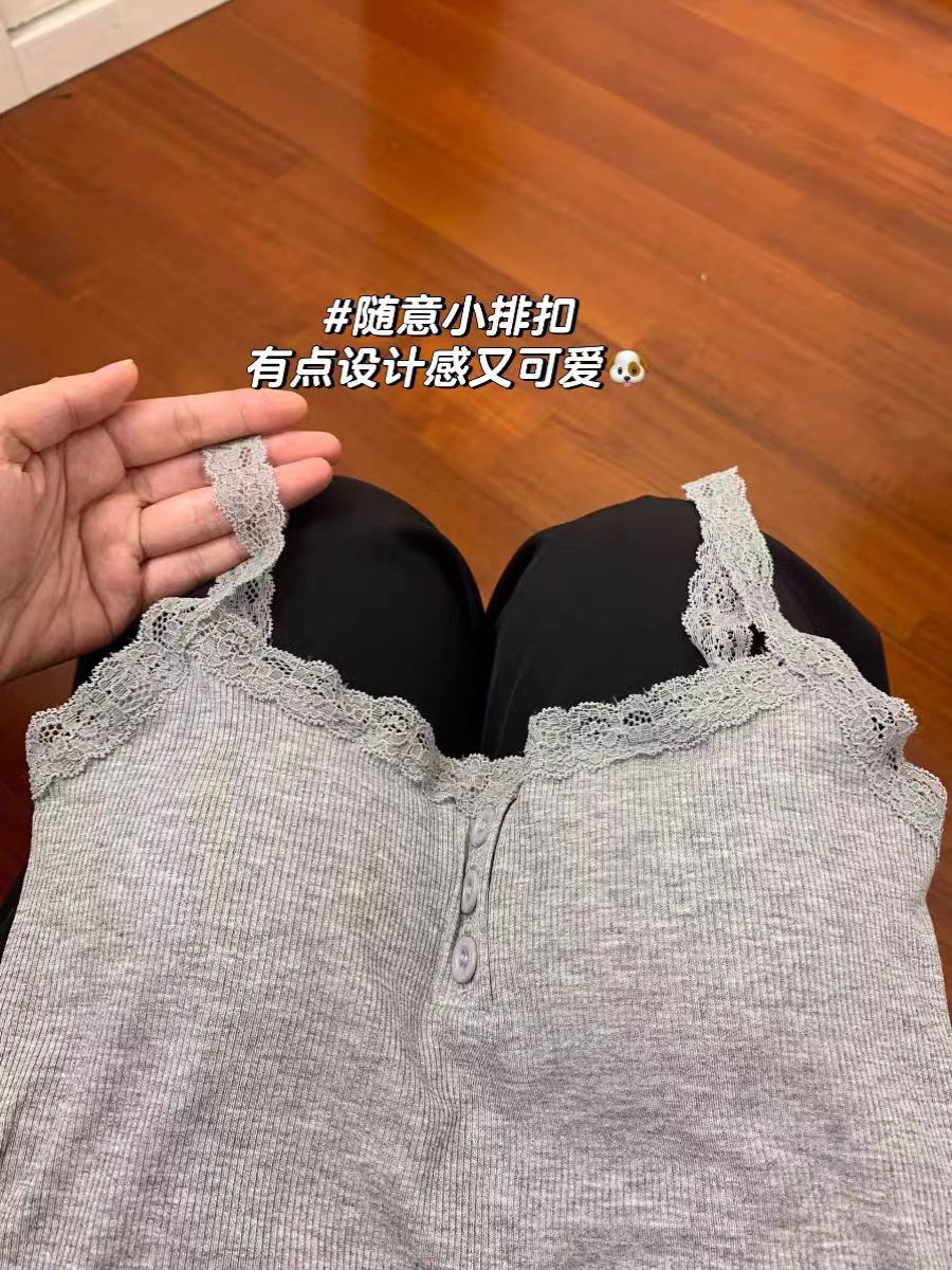少女感滿滿！純欲修身蕾絲花邊吊帶背心女春夏修身內搭打底衫上衣