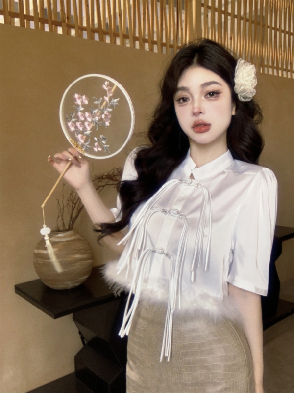 實拍 新中式國風重工羽毛拼接盤扣改良高級感短袖襯衫上衣女