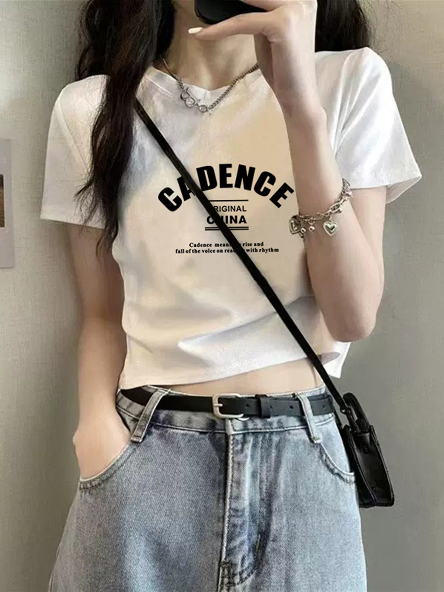 字母T恤女新款夏季白色短款修身潮牌歐貨短袖洋氣上衣