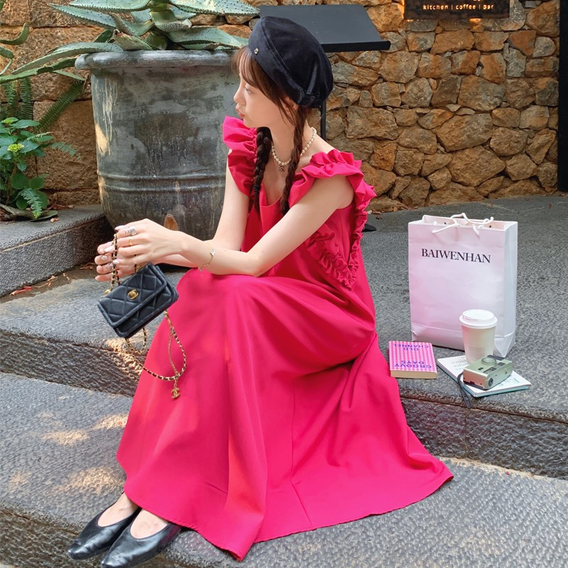 玫紅色背帶長裙背心裙女夏季2024年新款法式方領顯瘦木耳邊連衣裙