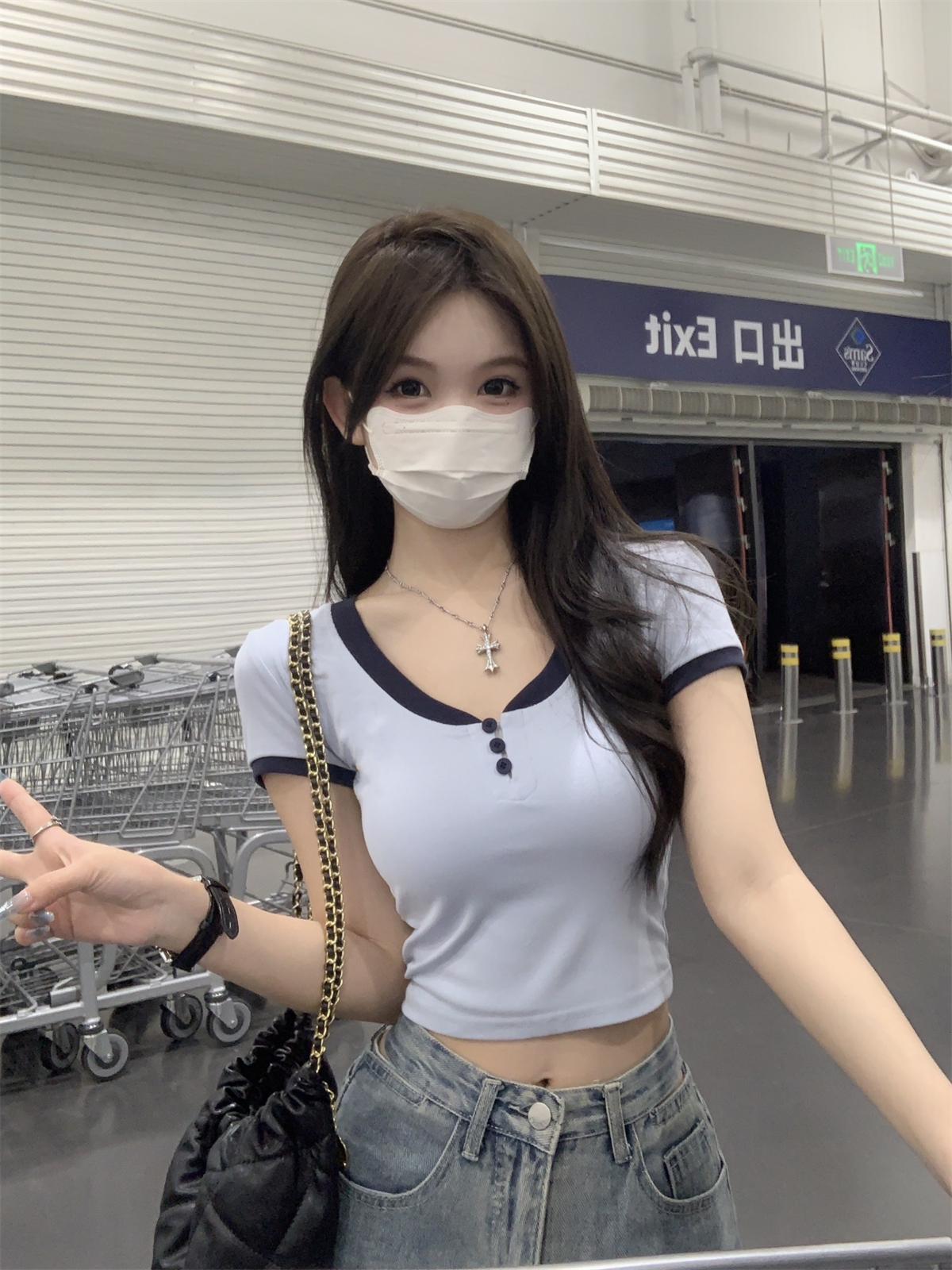 實拍 春夏韓版修身純欲撞色紐扣小個子短款純棉短袖T恤上衣女