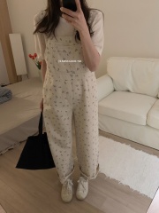 IMISS2024春季新款田園風滿印小碎花休閒甜美設計感直筒背帶褲女