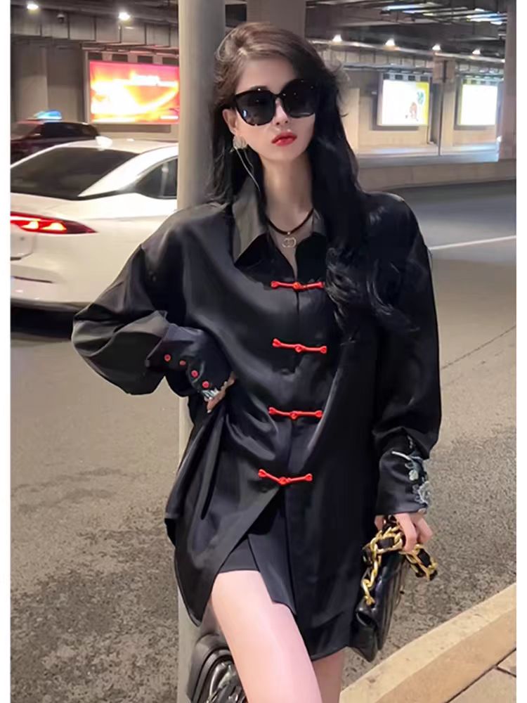2024春秋新款中國風光澤絲滑垂墜感長袖襯衣女