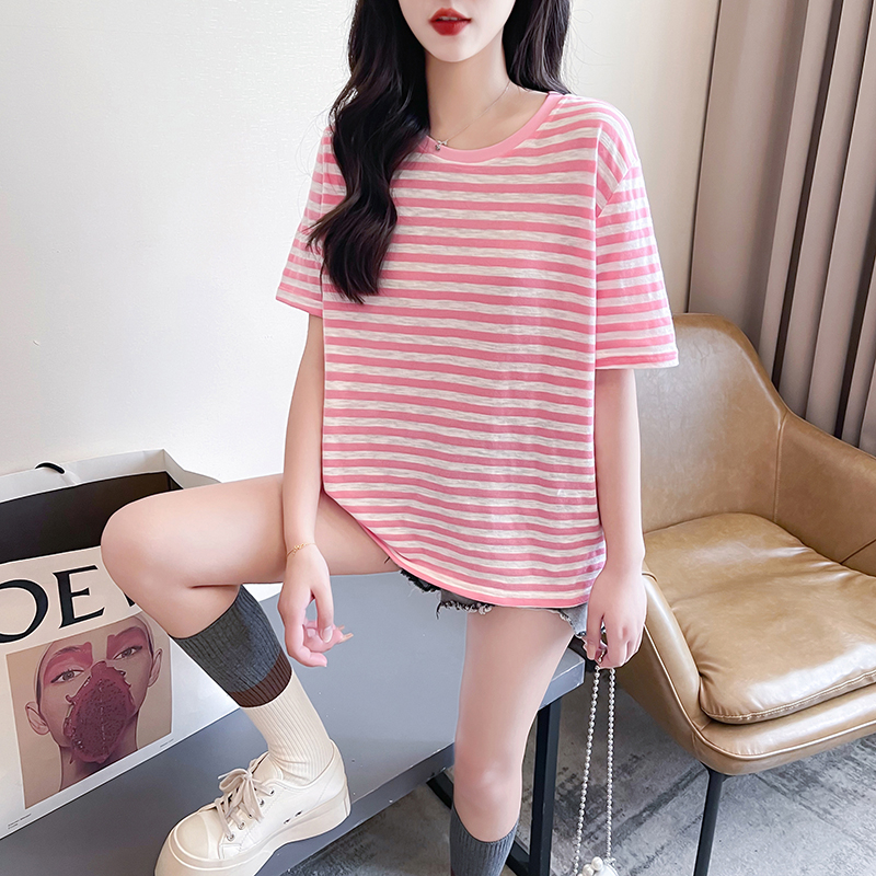 首發實拍原版質量短袖t恤女夏短款修身條紋圓領上衣大碼女裝200斤