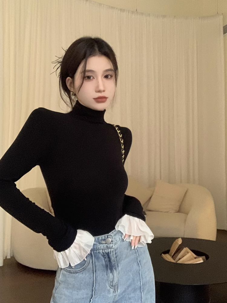 法式黑色高領長袖打底衫t恤女春秋冬新款內搭修身顯瘦高級感上衣