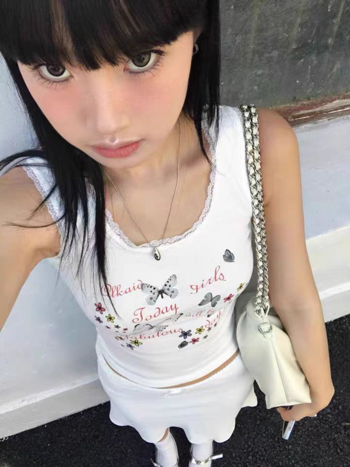 260隨心裁美式純欲印花吊帶蕾絲拼接背心短款上衣